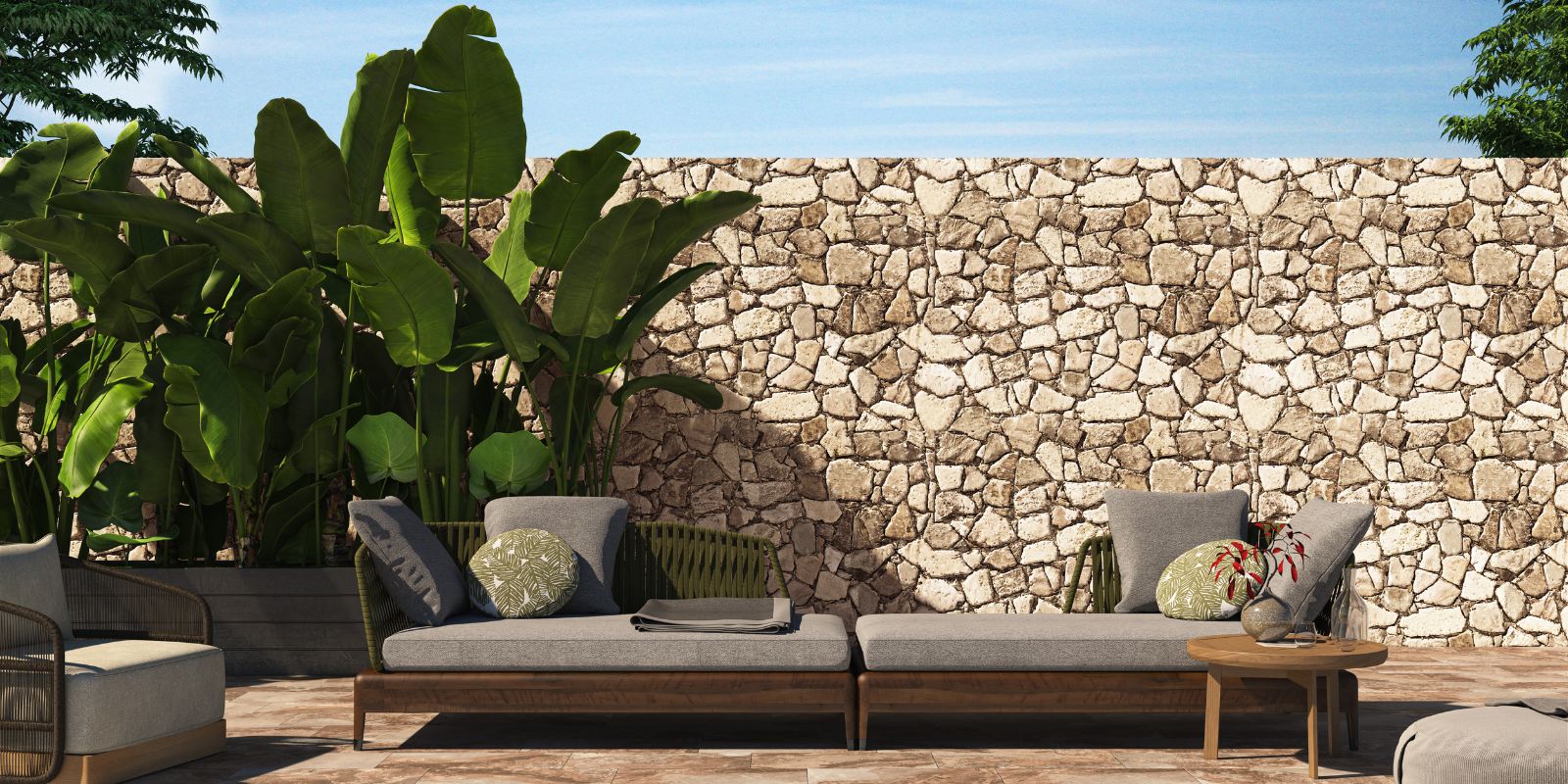 Outdoor pool area garden wall natural stonework cladding