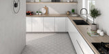 modern kitchen, grey patterned floor tiles, small square grey wall tiles