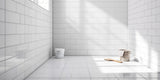 grout being applied to newly tiled bathroom floors and walls, white subway bathroom wall tiles, white polished porcelain bathroom floor tiles
