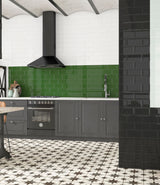 retro kitchen with black and white victorian patterned floor tiles and green subway splashback tiles