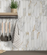 Kitche backsplash with small matt marble effect hexagon ceramic wall tiles