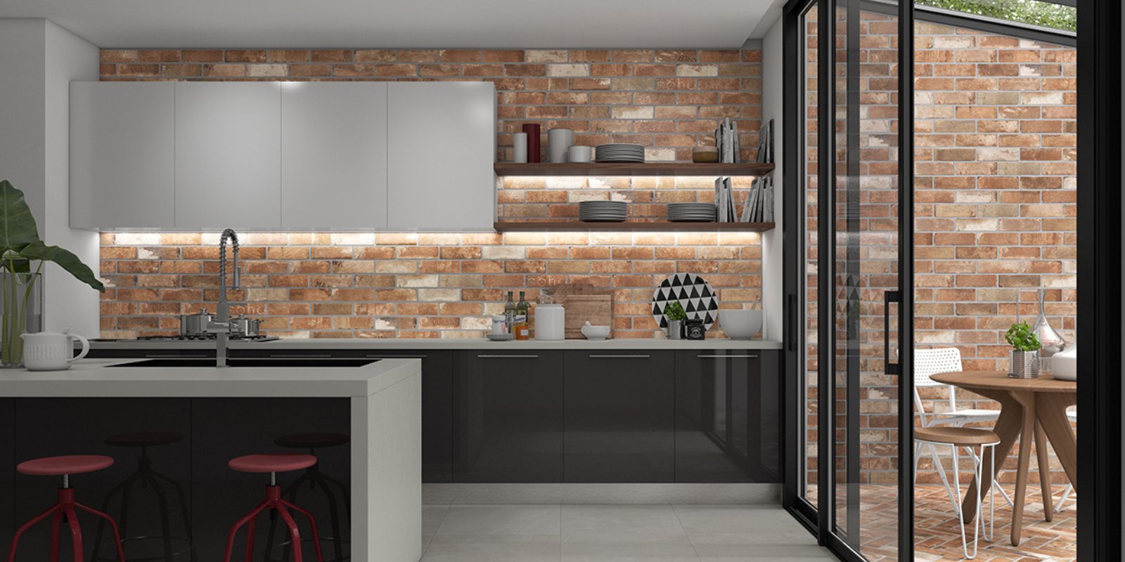 kitchen with kitchen with natural brown and white brick effect kitchen wall splashback tiles