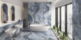 large format blue marble onyx effect porcelin bathroom floor and wall tile in a modern luxury bathroom