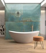 Spa-like bathroom with large format matt green copper effect porcelain bathroom feature wall tiles