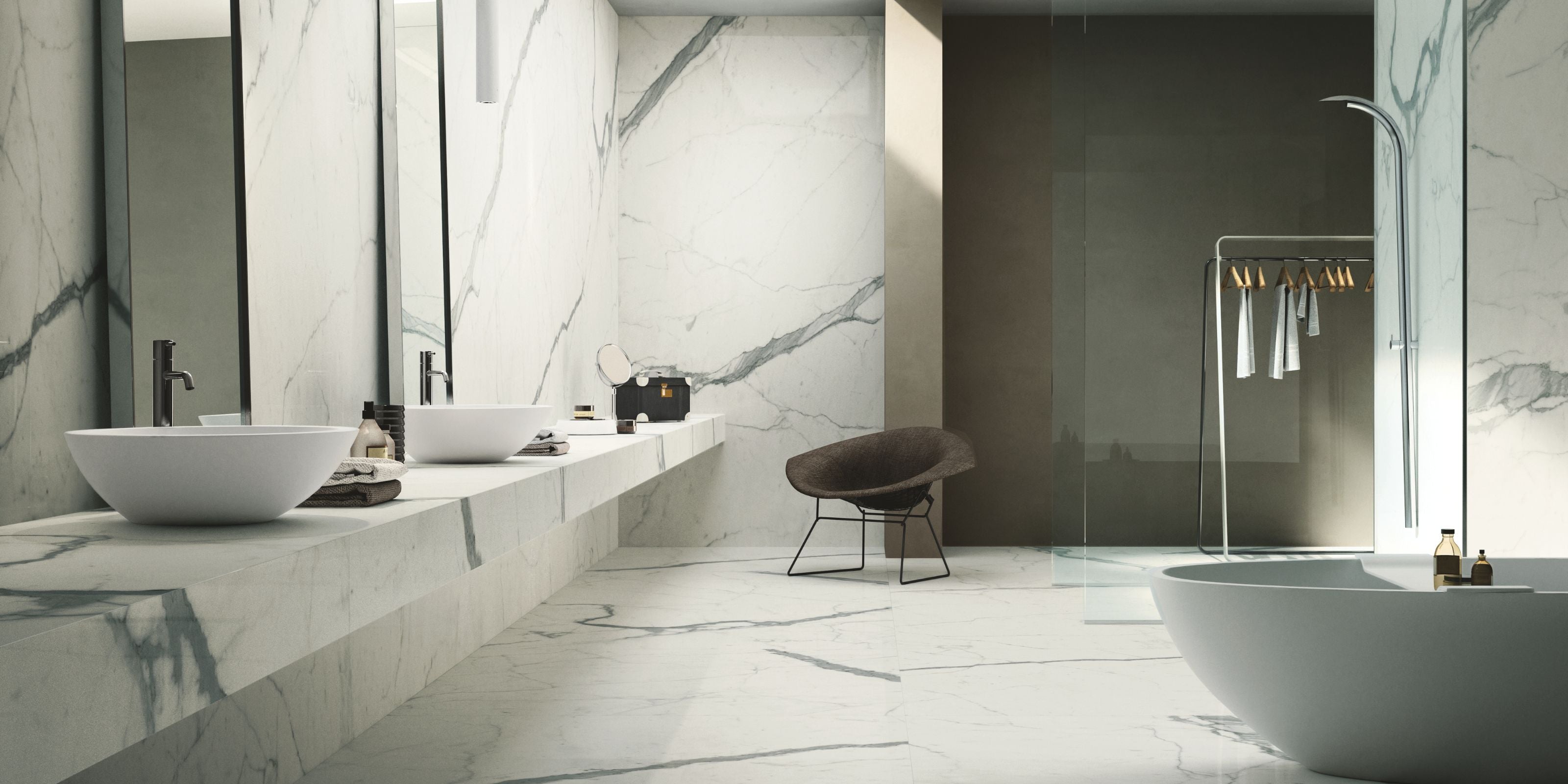 Large bathroom with walk-in showe and a bathtub, large white marble effect porcelain bathroom floor and wall tiles