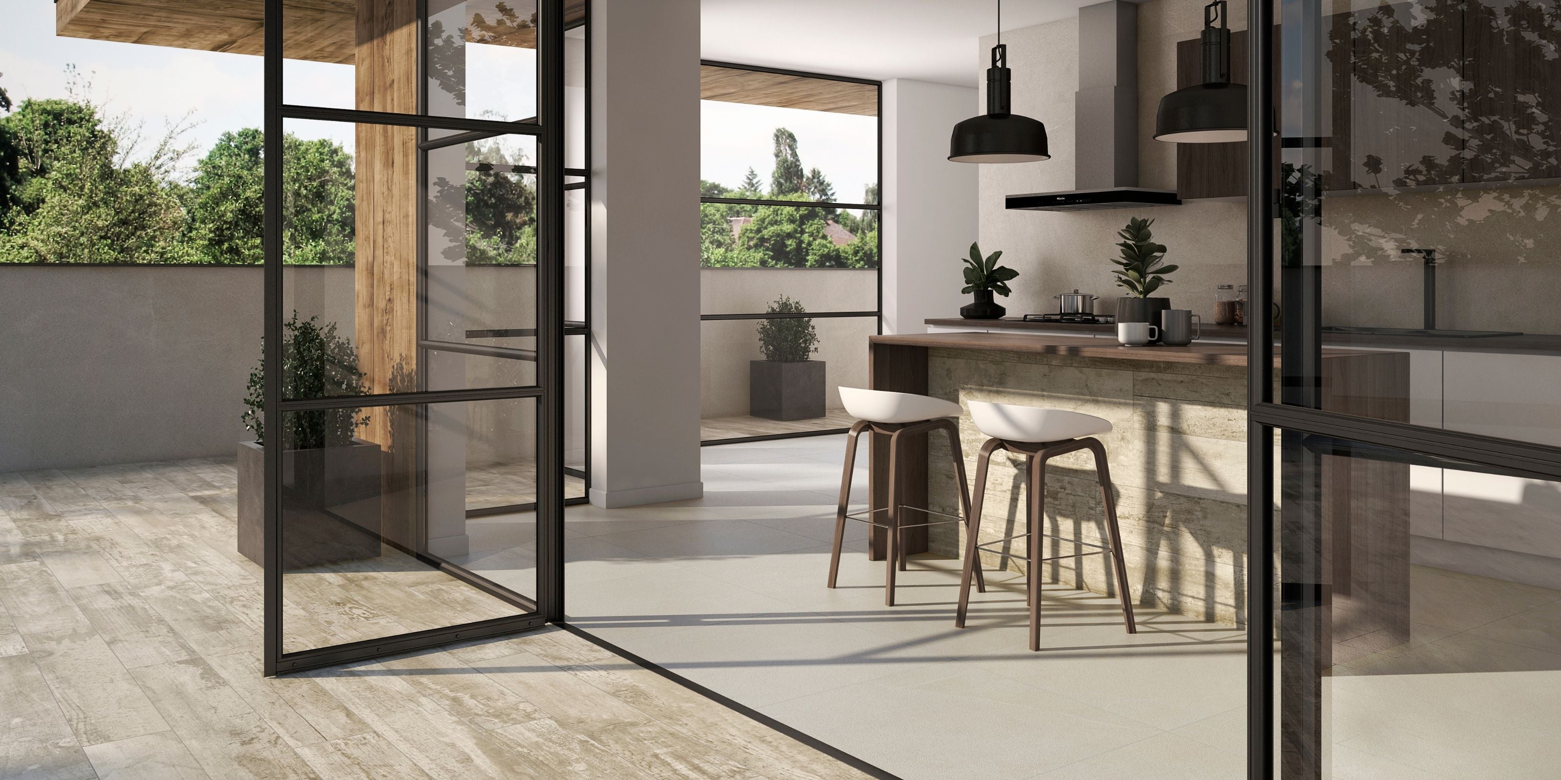 kitchen and patio, large white matt concrete effect porcelain kitchen floor tile