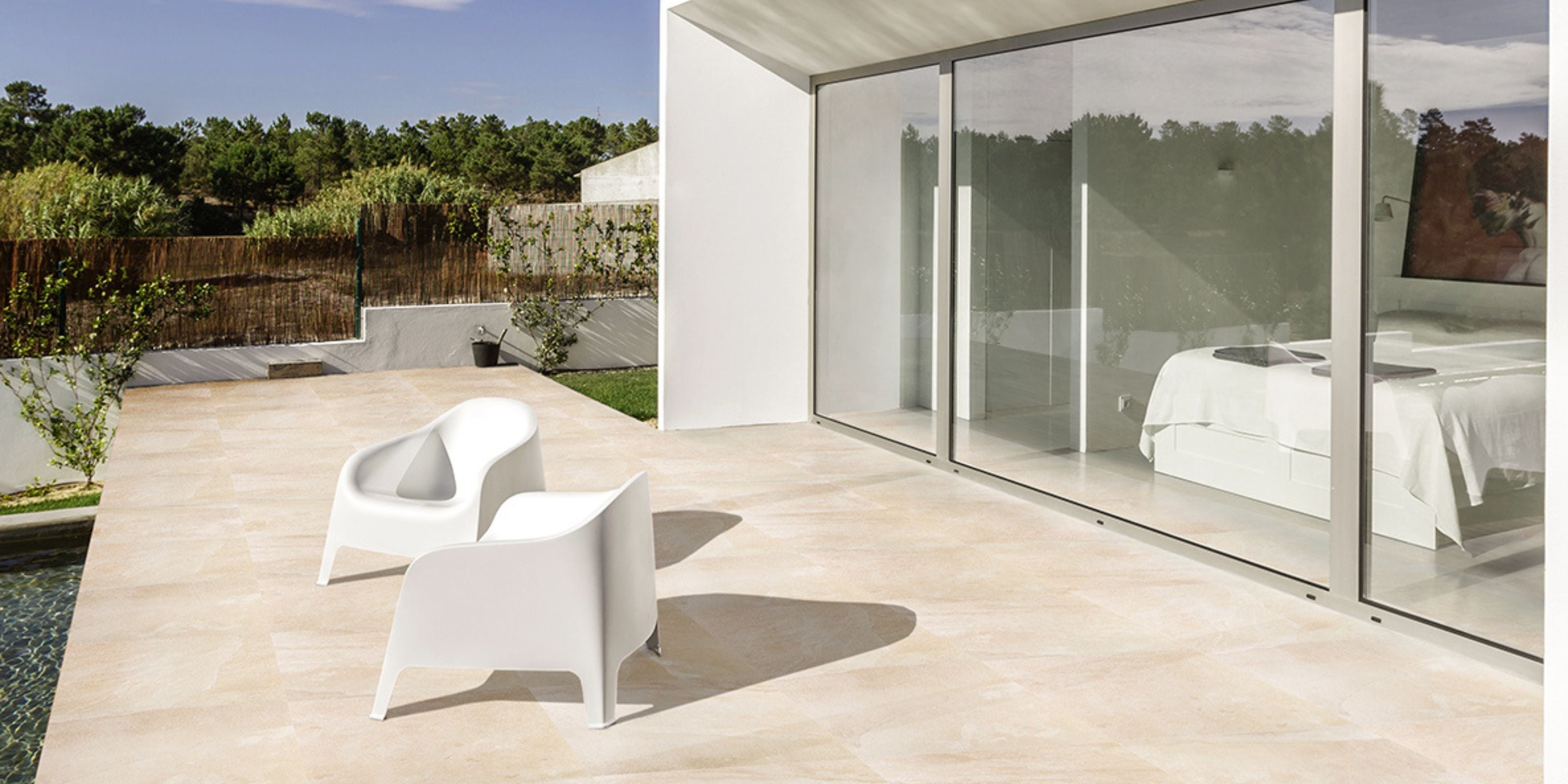Outdoor patio with light beige sand stone effect anti-slip porcelain outdoor floor tiles