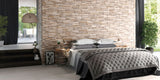 light brown, beige split face, natural stone cladding on bedroom wall