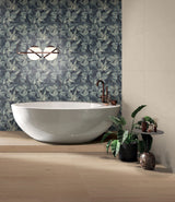 bathroom and bathtub, light brown wood effect porcelain bathroom floor tiles, green leaf patterned ceramic wall tiles