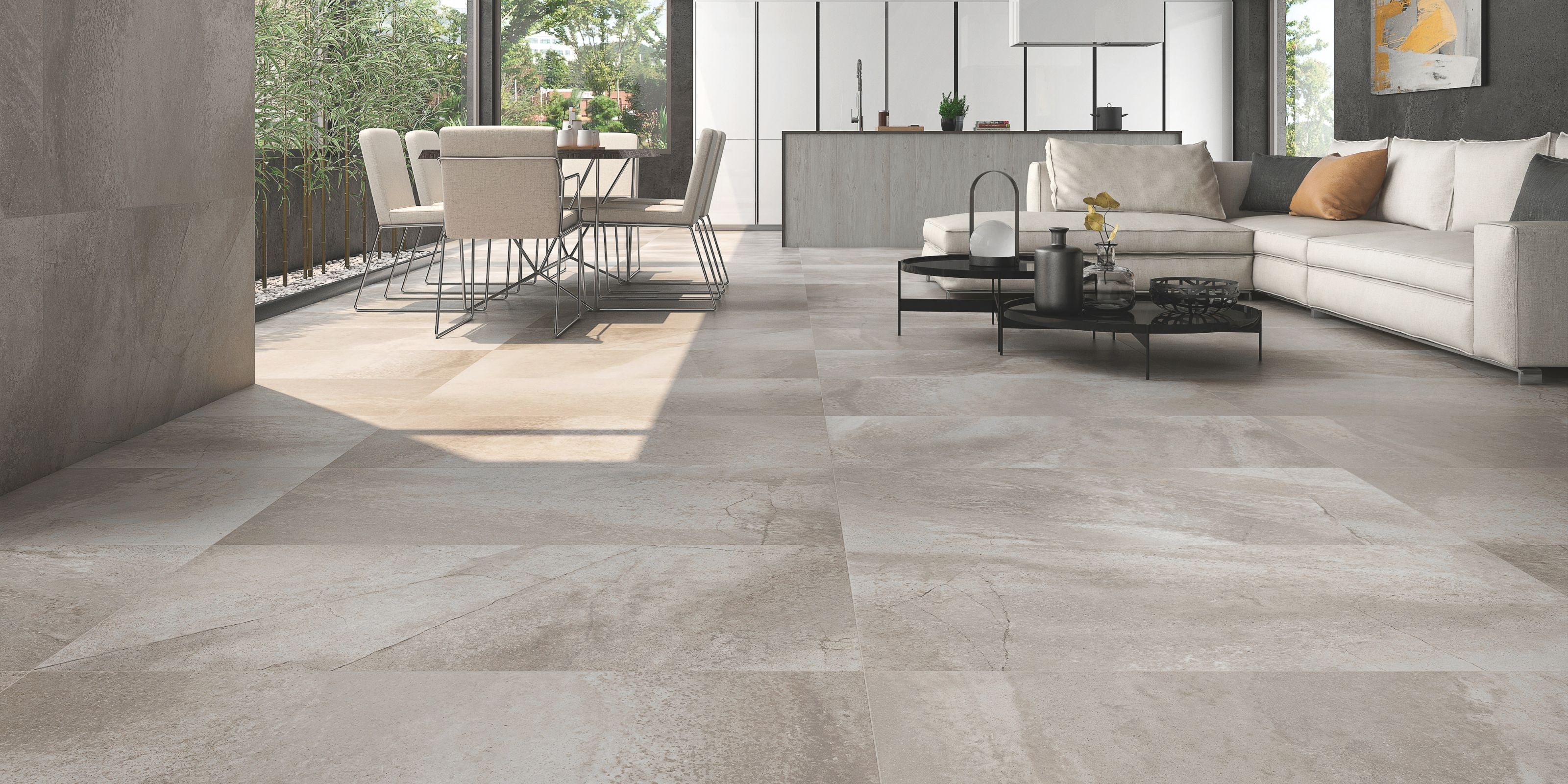 open plan living room, kitchen and dining area, light grey creamy matt stone effect porcelain floor tiles