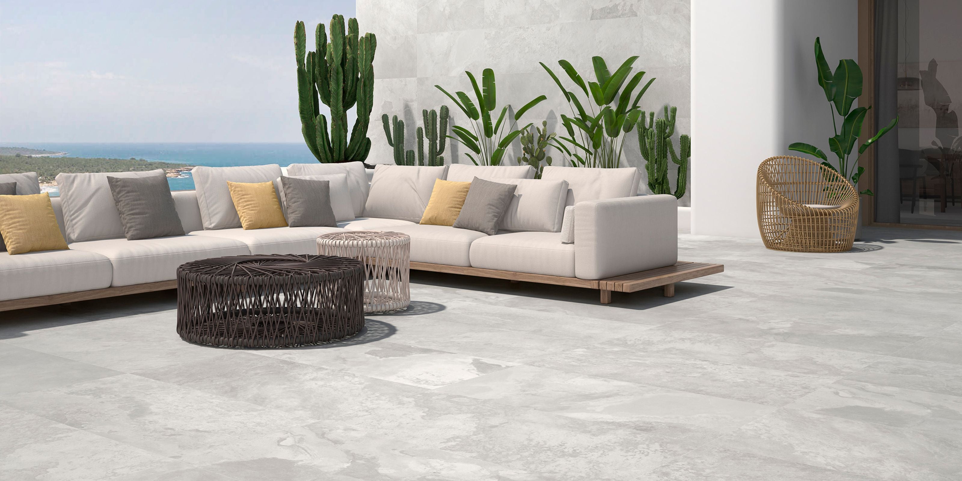 Outdoor garden and patio with light grey stone effect 20mm outdoor porcelain floor tiles