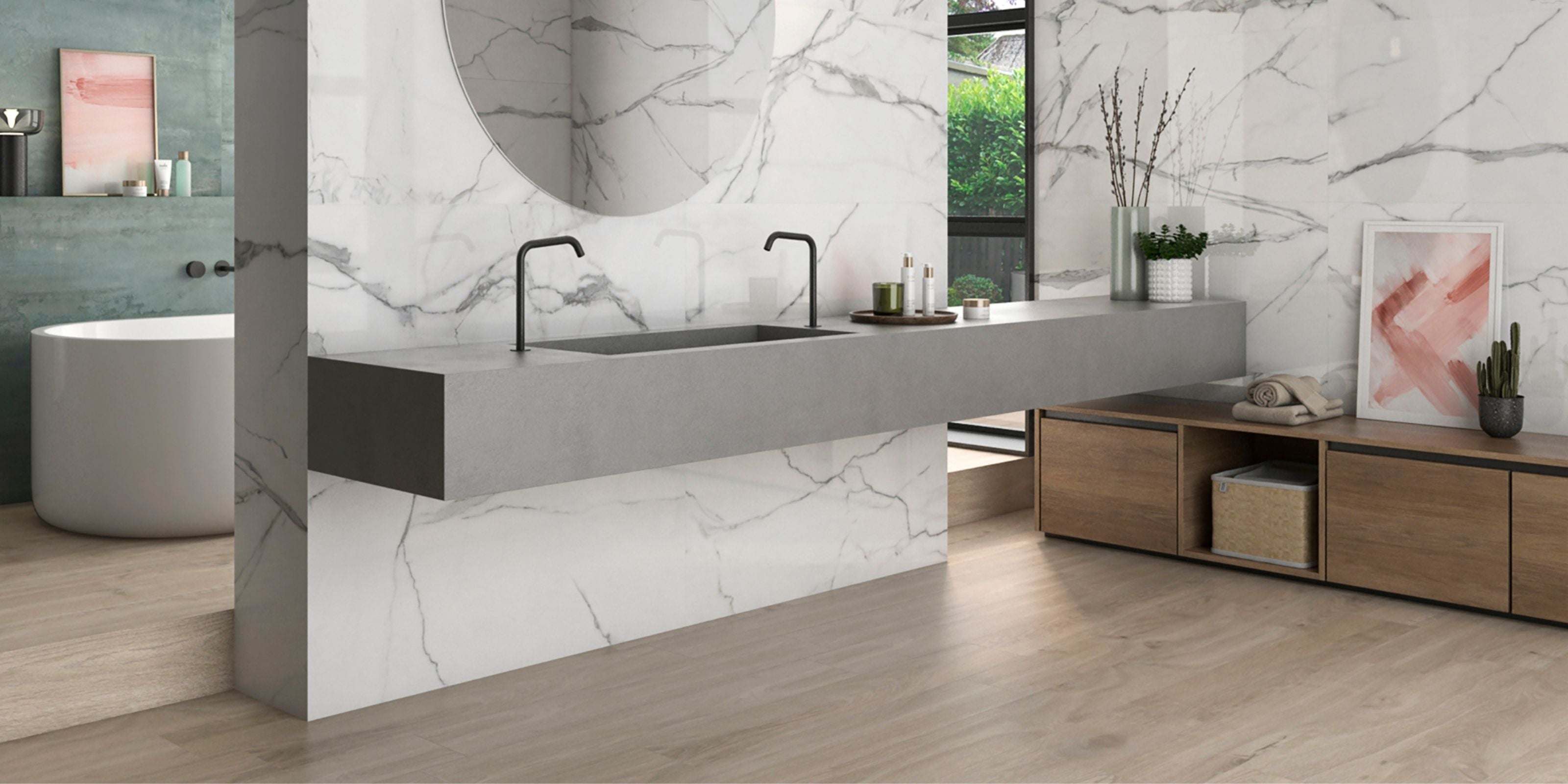 airy and open bathroom, light wood effect porcelain bathroom floor tiles, polished white marble effect bathroom wall tiles