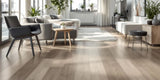 spacious modern living room with grey wood-effect porcelain tile flooring