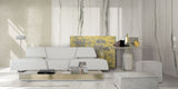 living room with white marble effect large format tiles on walls and floor