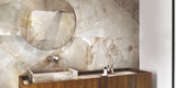 bathroom vanity with matt brown onyx effect bathroom wall tiles