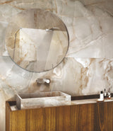 bathroom vanity with matt brown onyx effect bathroom wall tiles