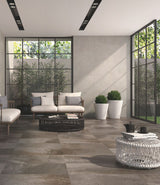 large open indoor living room with matt grey stone effect porcelain indoor floor tiles