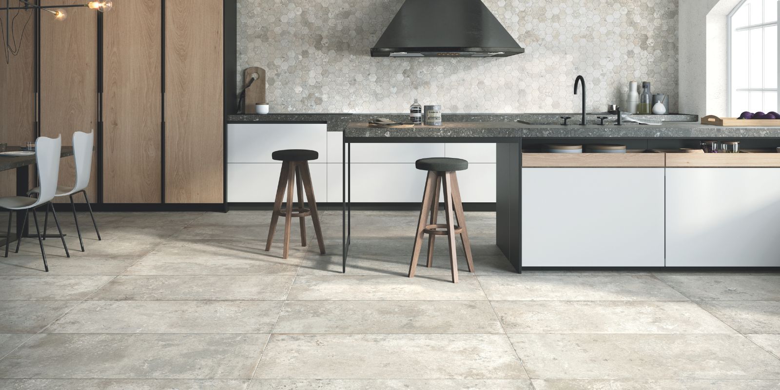 Contemporary Kitchen with matt grey stone effect porcelain kitchen floor tiles