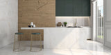 sleek beight modern kitchen with matt white marble effect porcelain kitchen floor and wall tiles