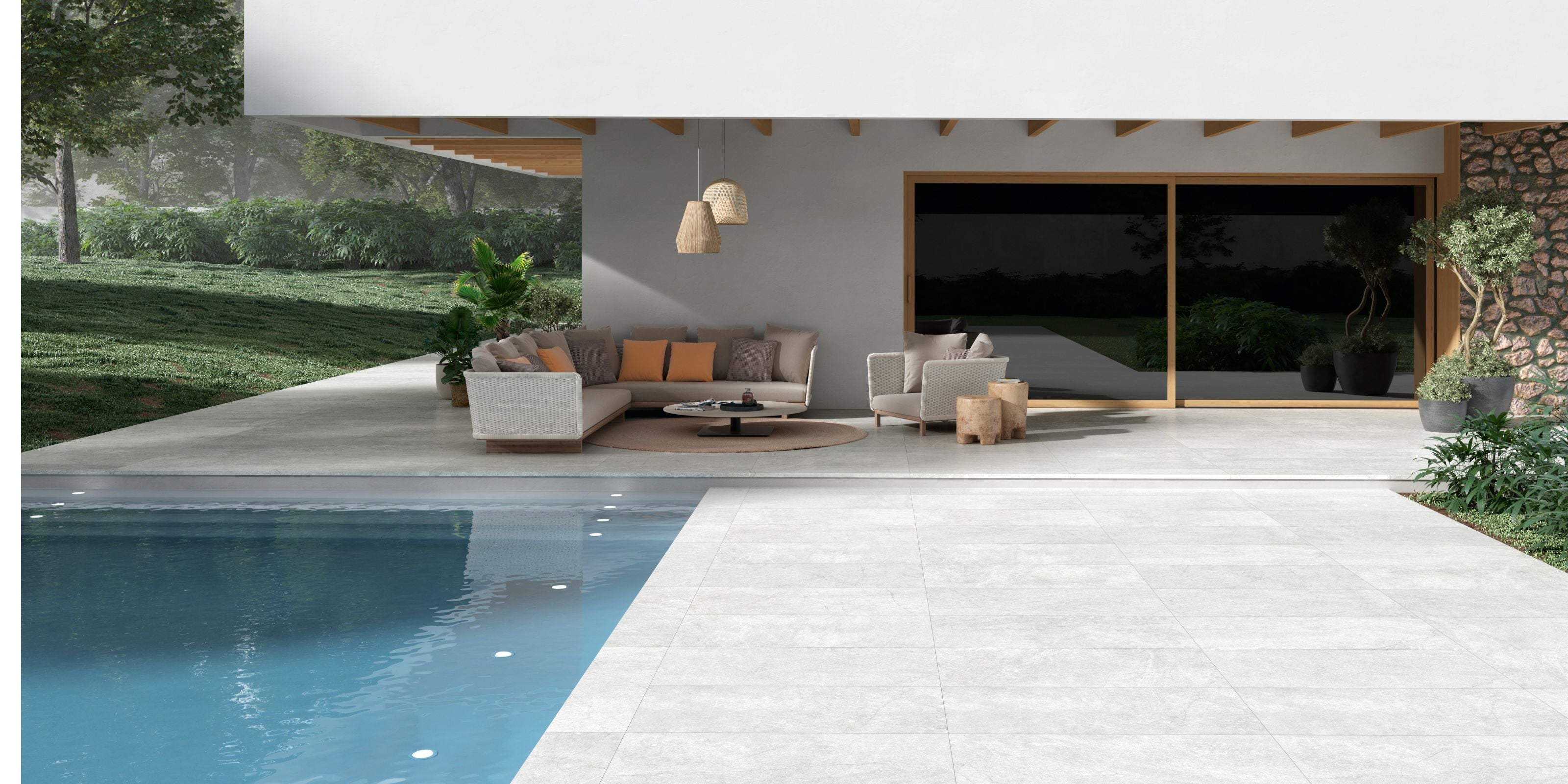 Garden patio and pool area with matt white stone-effect 20mm outdoor porcelain tiles