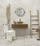 modern luxury bathroom. matt white stone effect porcelain floor and wall tiles and matt white stone effect mosaic wall tiles