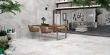 Outdoor patio area with matt white stone effet porcelain outdoor floor tiles and matt white stone effect porcelain outdoor wall tiles