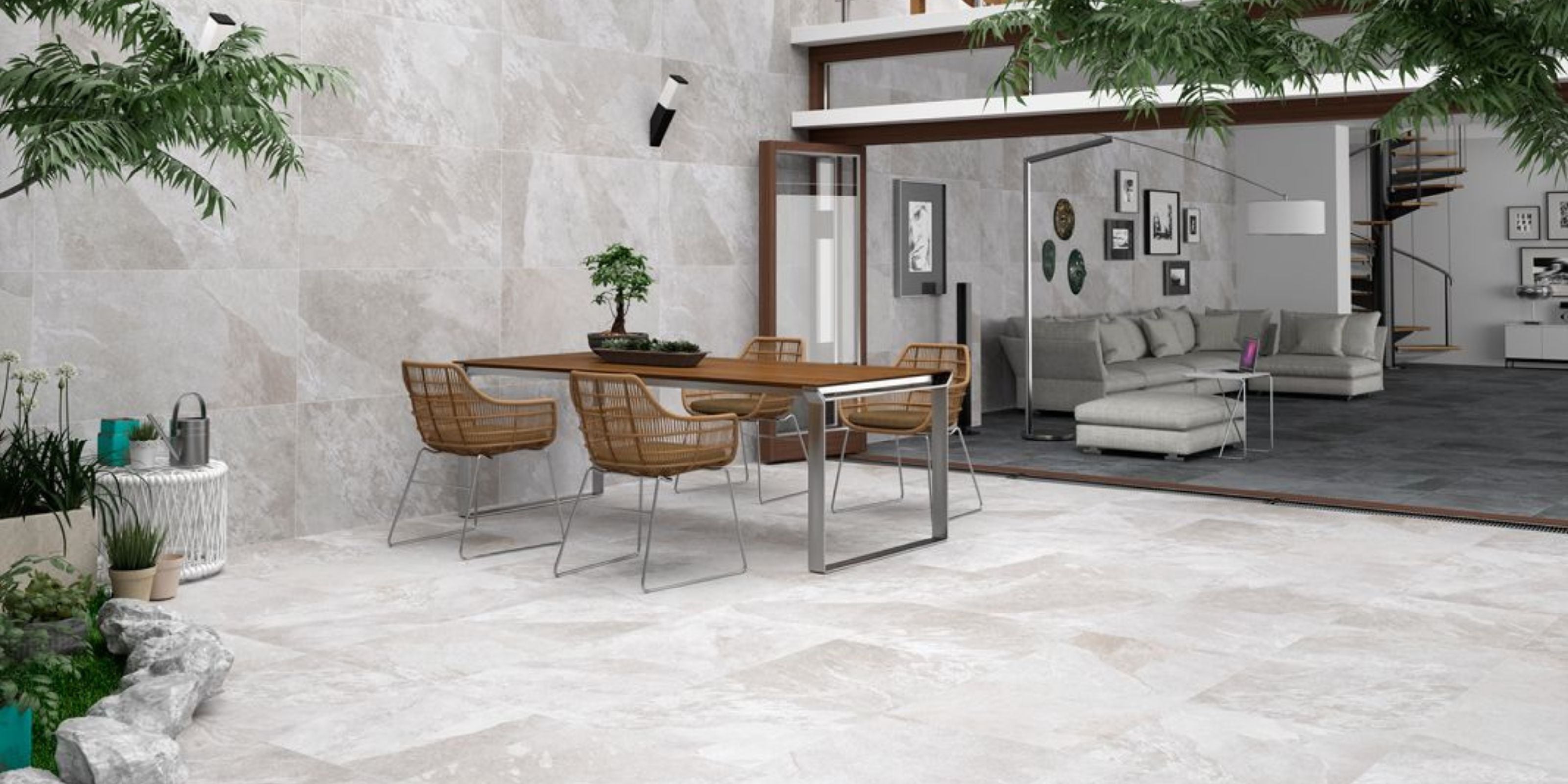 Outdoor patio area with matt white stone effet porcelain outdoor floor tiles and matt white stone effect porcelain outdoor wall tiles
