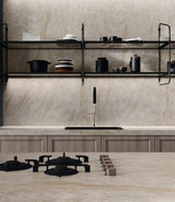 modern beign marble effect large porcelain tile kitchen backsplash with fine white veins.