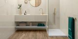 sleek modern bathroom with natrual brown wood effect porcelain bathroom floor tiles planks