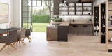 Large kitchen and dining area with natural warm brown wood effect porcelain kitchen floor tiles