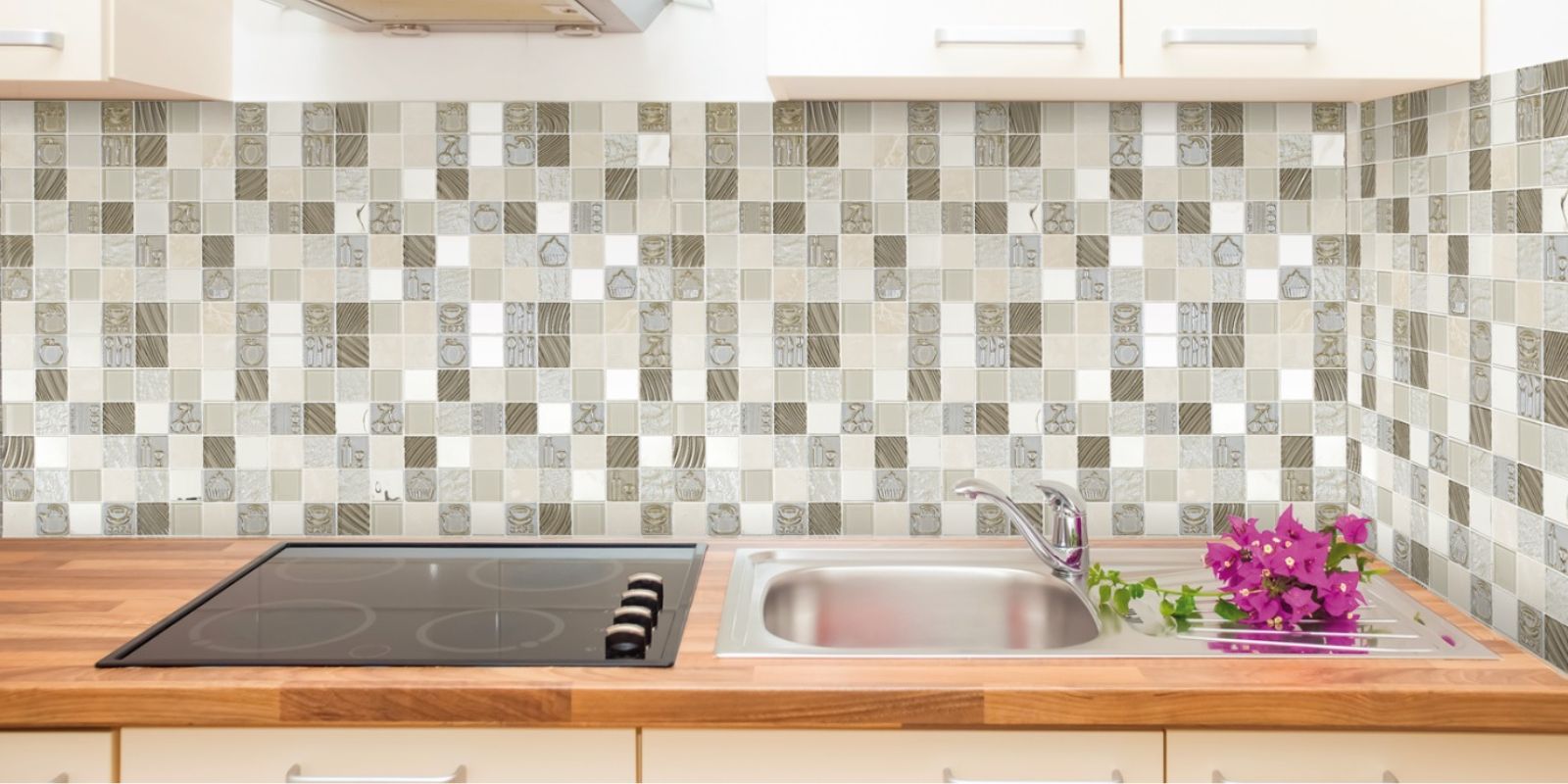 patterned grey and beign mosaic kitchen wall backsplash