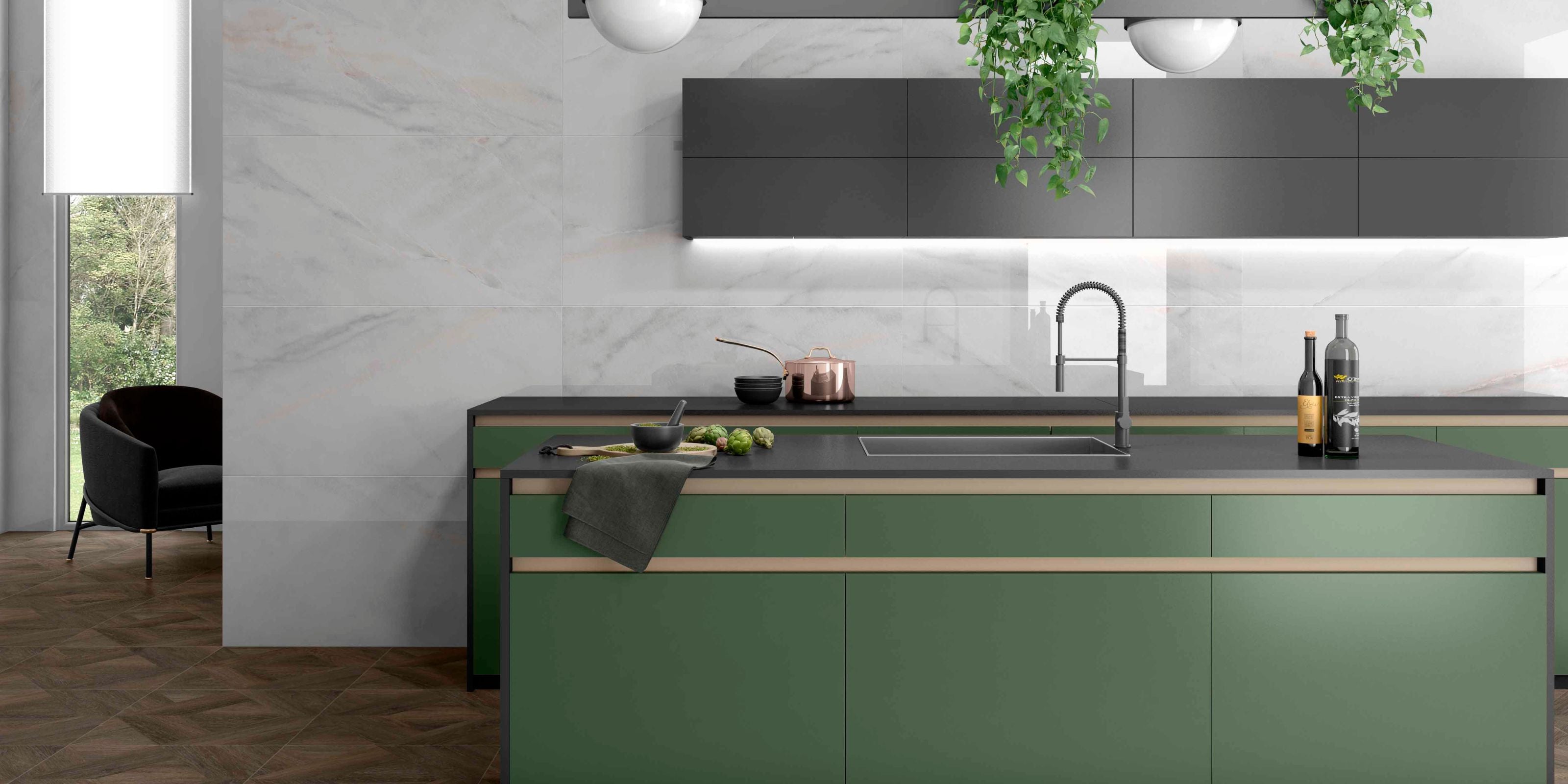 kitchen with a pearly white onyx effect porcelain wall tile wall 
