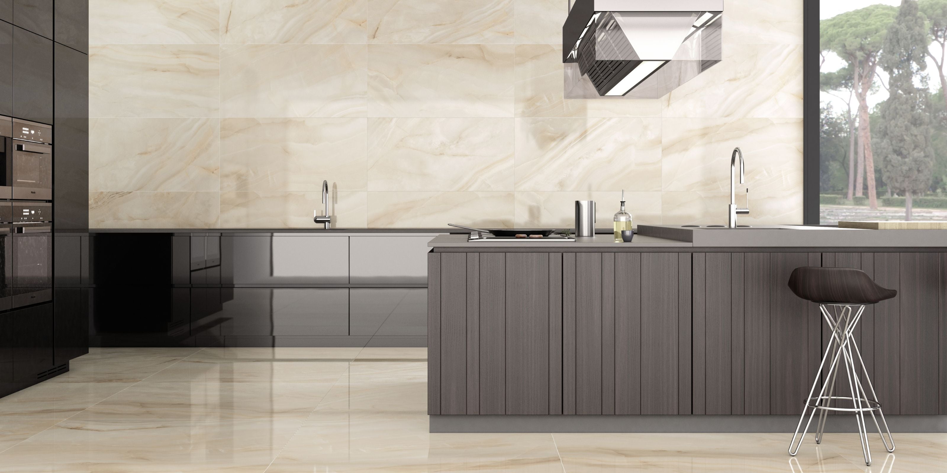 kitchen with polished beige onyx effect porcelain floor and wall tiles