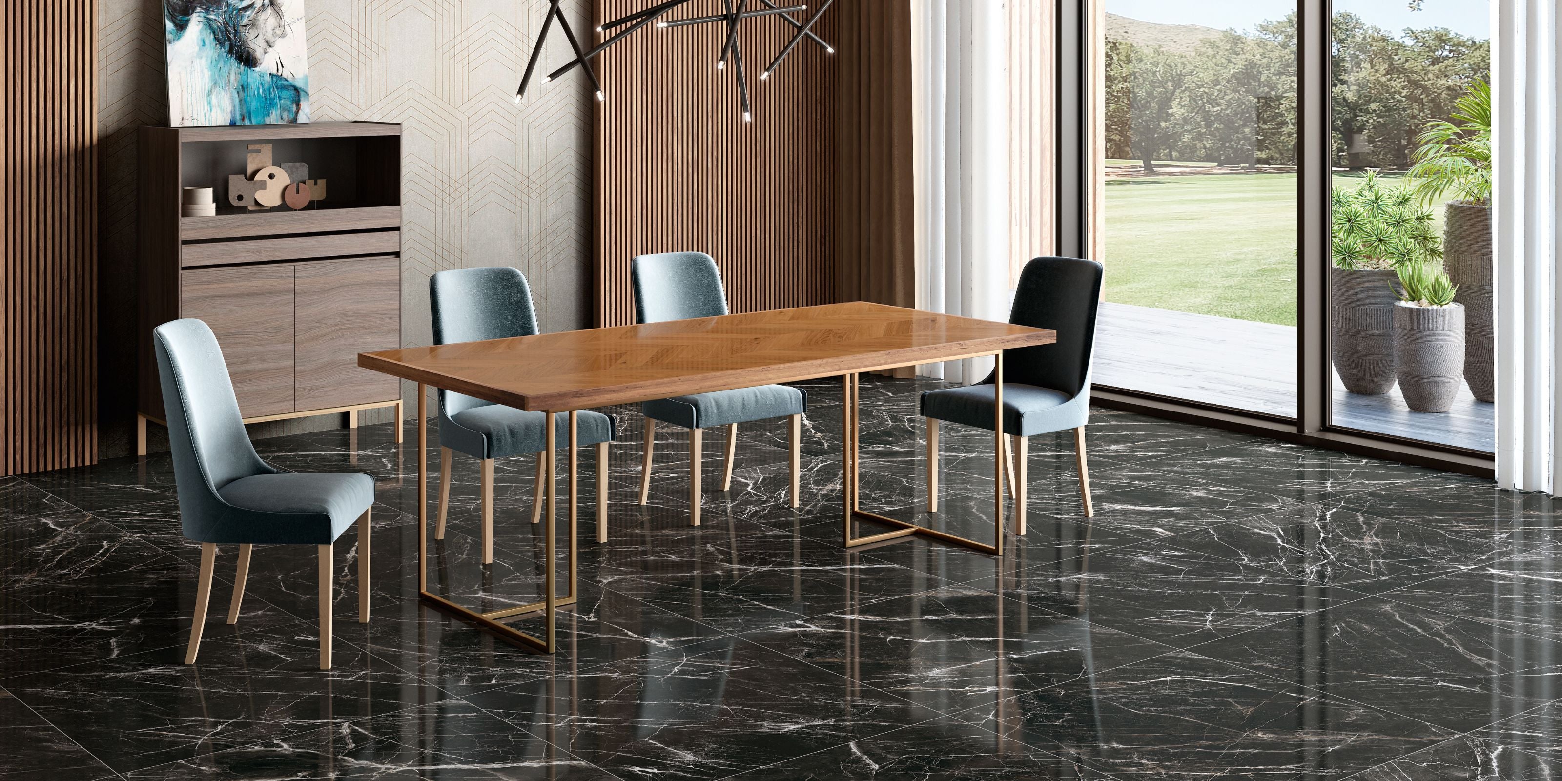 Dining room with a floor covered with polished black matt marble effect porcelain floor tiles with white veins