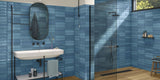 polished blue bathroom subway tiles, bath and shower room, blue ceramic subway tiled walls