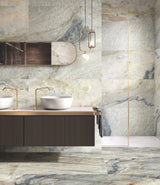 Luxury spa-like bathroom with polished cream marble effect 60x120cm porcelain bathroom wall and floor tiles