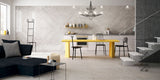 kitchen, polished light grey bookmatched large-format porcelain wall tiles