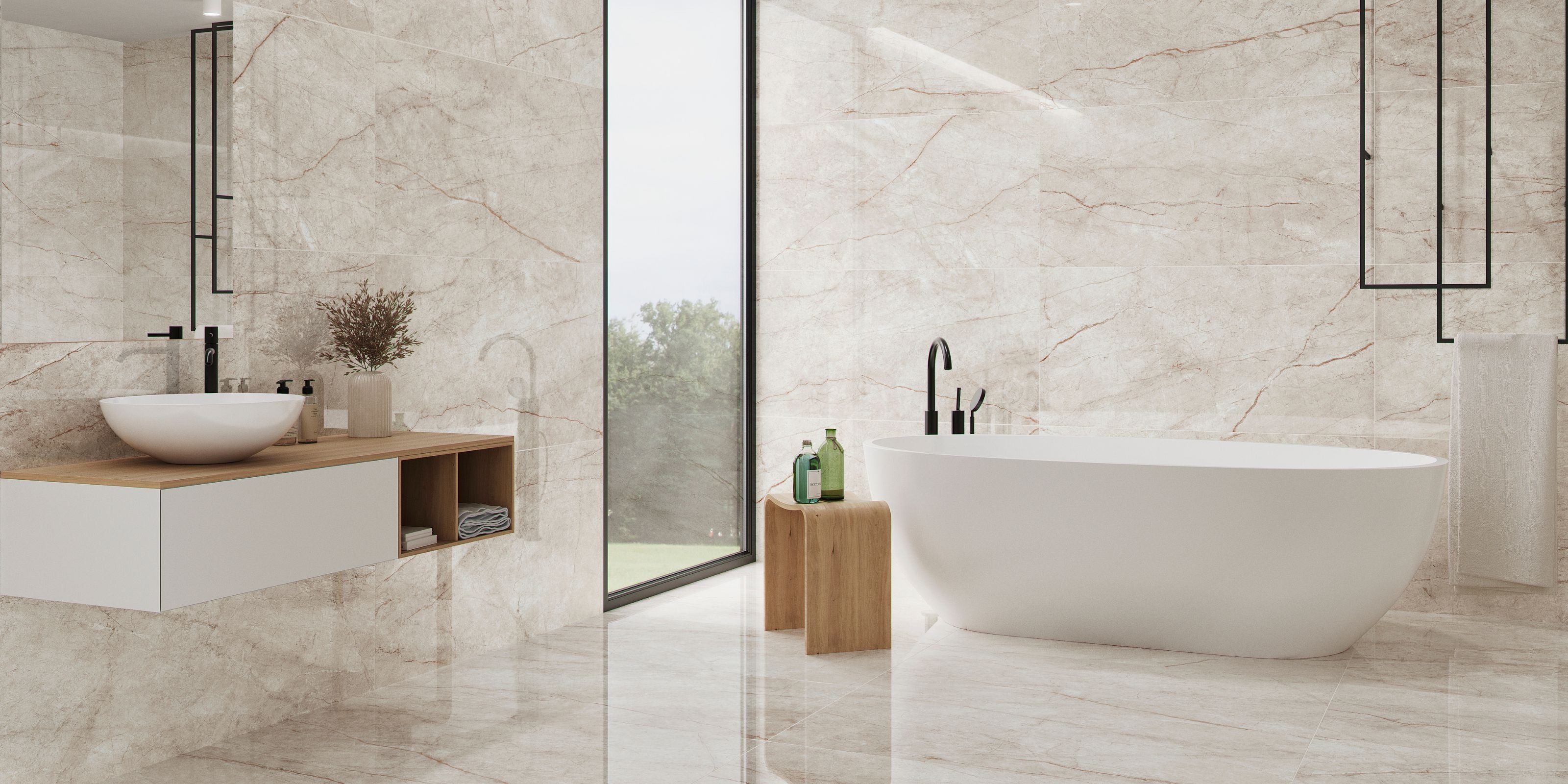 bathroom, polished off white marble effect porcelain bathroom floor and wall tile