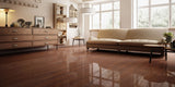 warm and retro living room with polished warm brown wood effect porcelain floor tiles