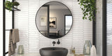 bathroom vanity, basin and mirror with polished white elongated hexagon splashback wall tiles