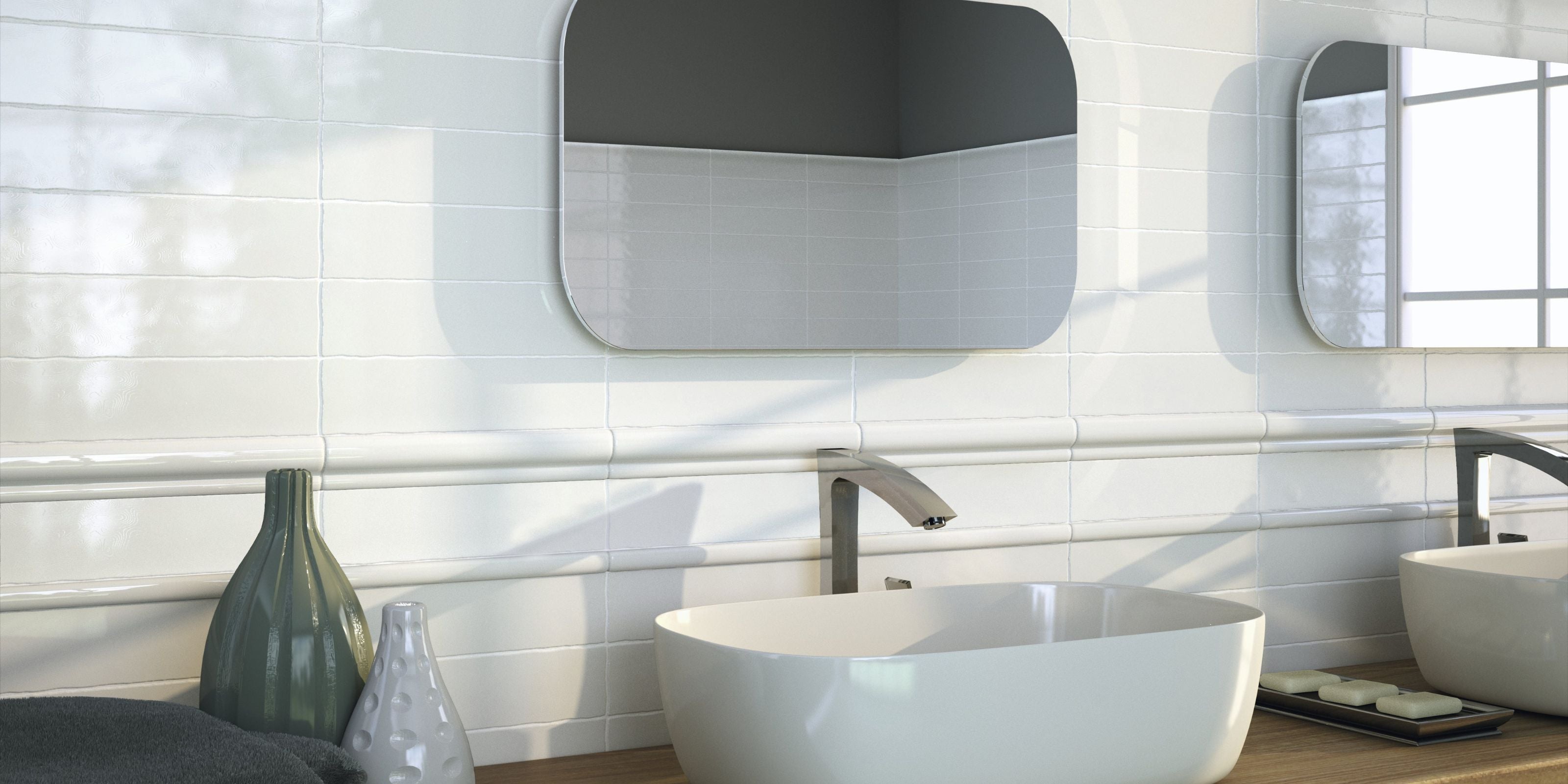 bathroom vanity and basins, polished white horizontally tiled bathroom subway wall tiles