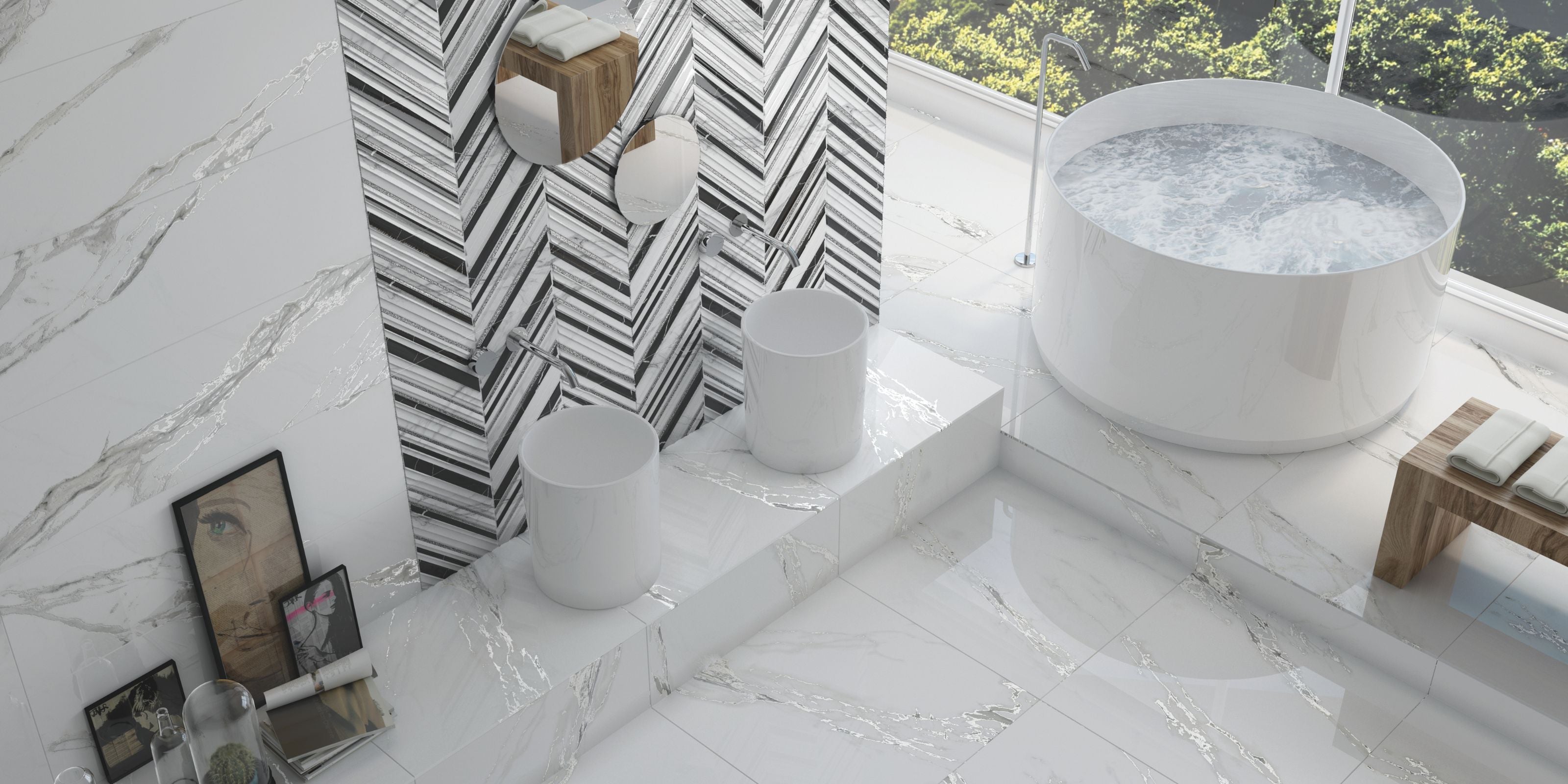 Modern luxury bathroom featuring glossy white porcelain bathroom tiles with silver veining, a circular soaking tub, and black-and-white chevron accent wall tiles 