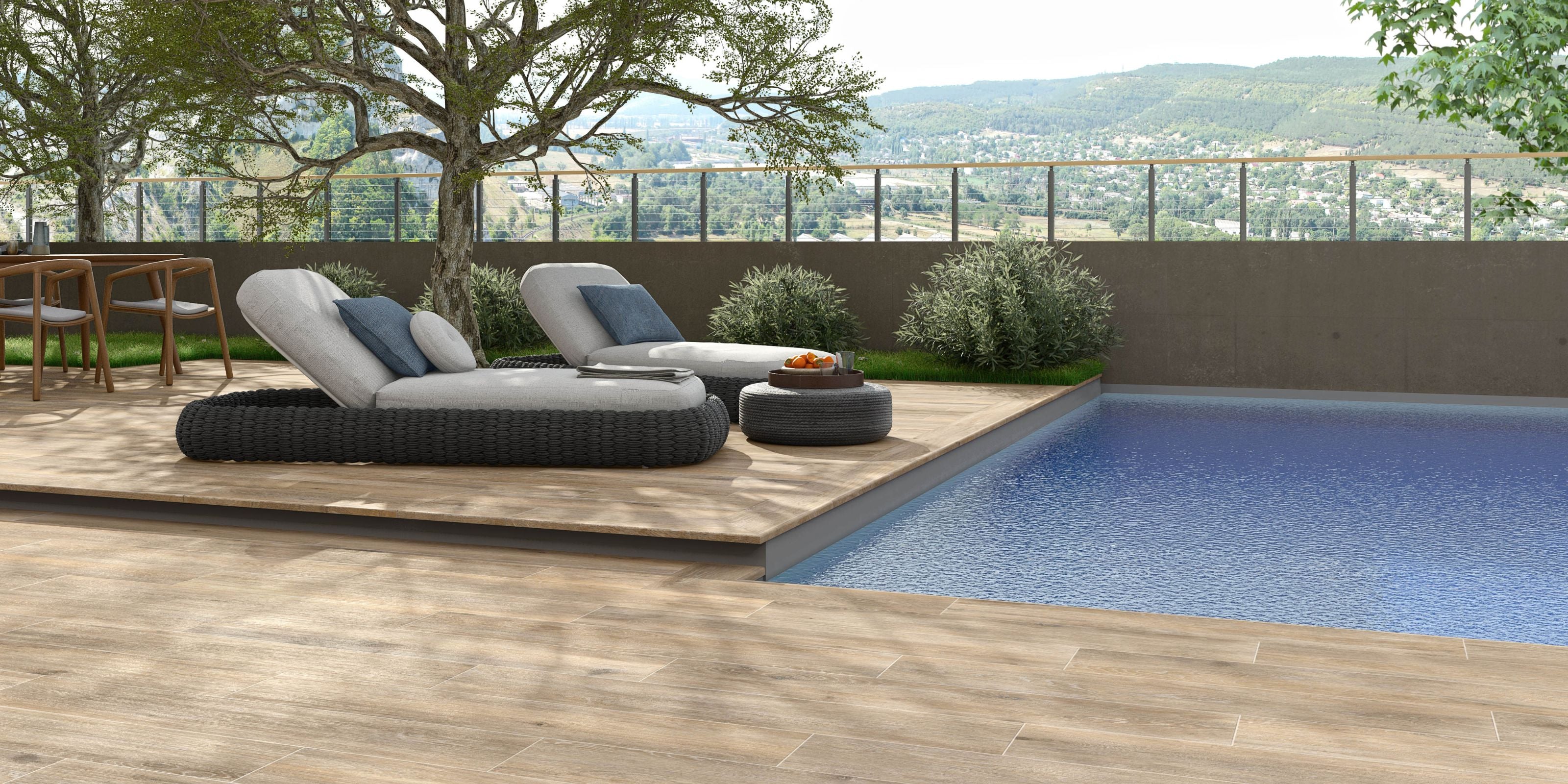 outdoor pool area with matt light brown 20mm wood-effect outdoor Porcelain Tiles