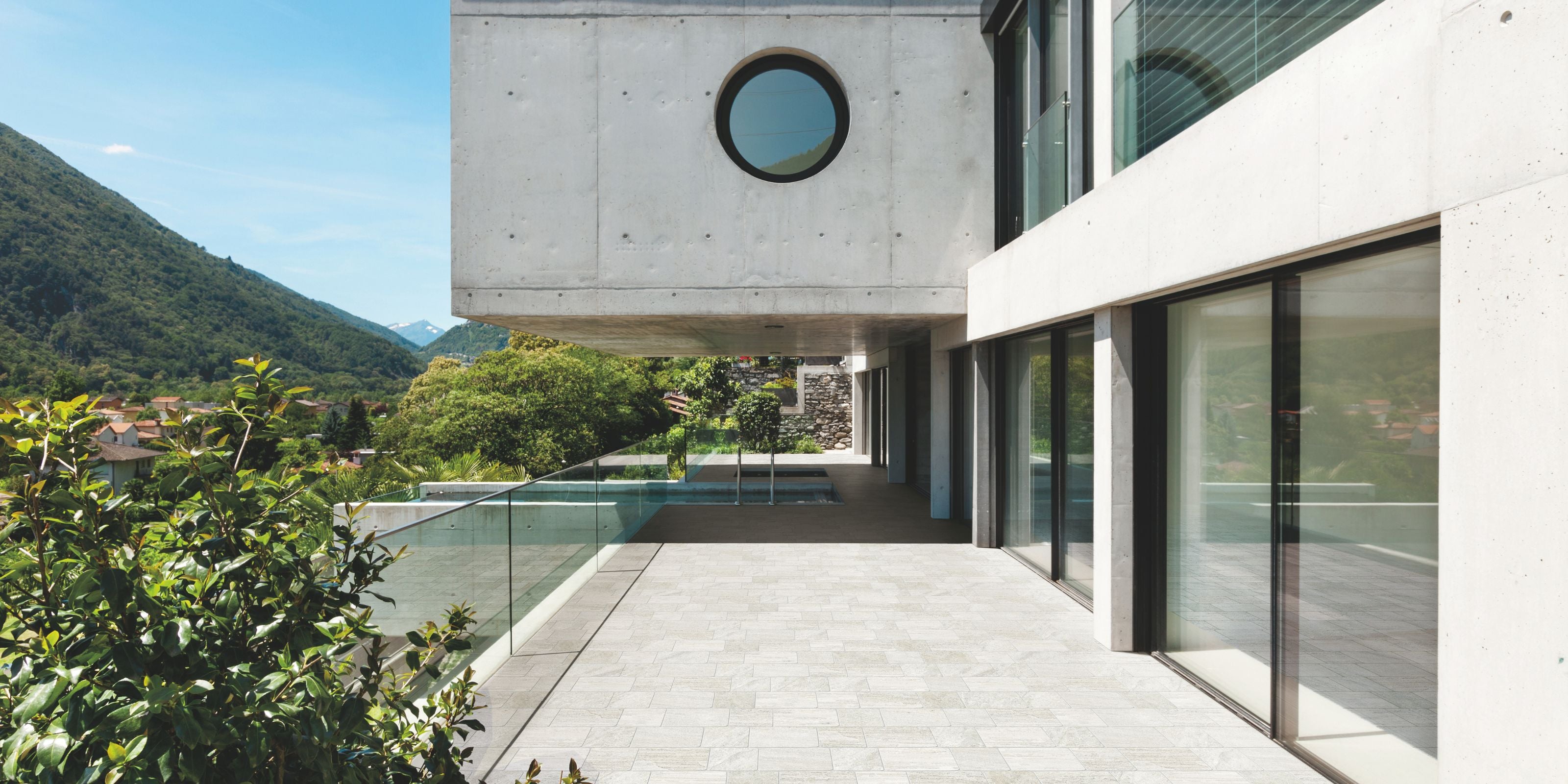 Outdoor walkway area with small 20mm stone effect outdoor porcelain floor tiles