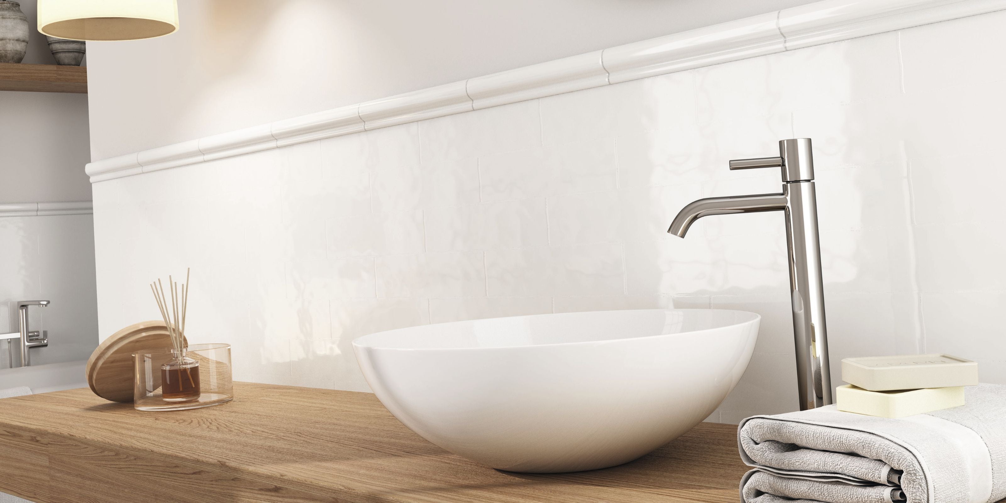 batroom basin splashback with small white subway wall tiles