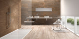 large bathroom with walk-in shower, taupe wood effect porcelain bathroom floor tiles and brown copper metal effect porcelain bathroom wall tiles