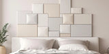 A unique headboard design made from decorative wall tiles, adding style to a bedroom.