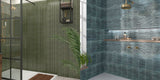 two walk-in shower enclosures, one with vertically tiled green kitkat wall tiles, and the other with horizontally tiled blue kitkat wall tiles