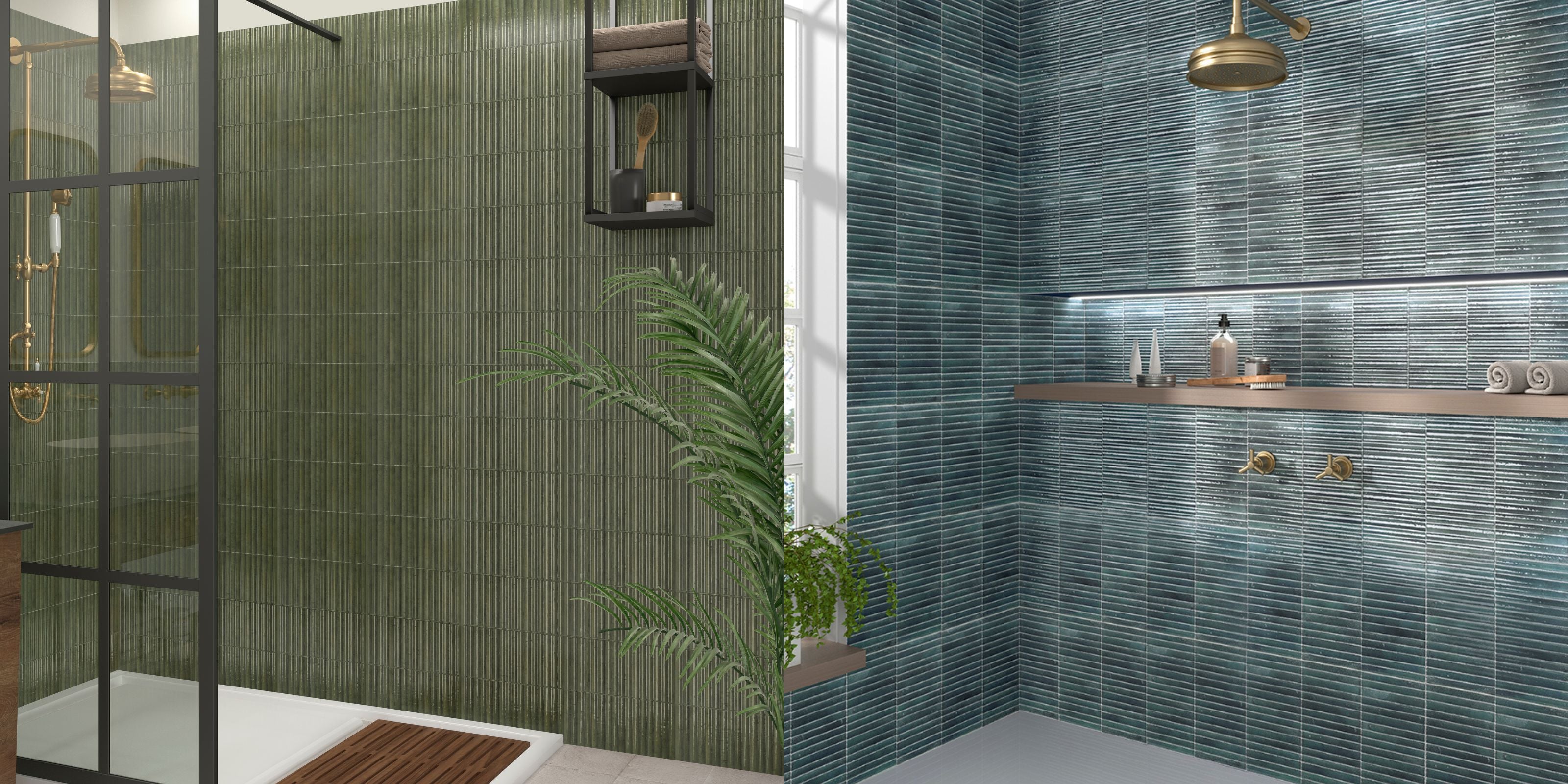 two walk-in shower enclosures, one with vertically tiled green kitkat wall tiles, and the other with horizontally tiled blue kitkat wall tiles