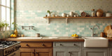 Different styles of vintage kitchen wall tiles including mosaics and patterns.